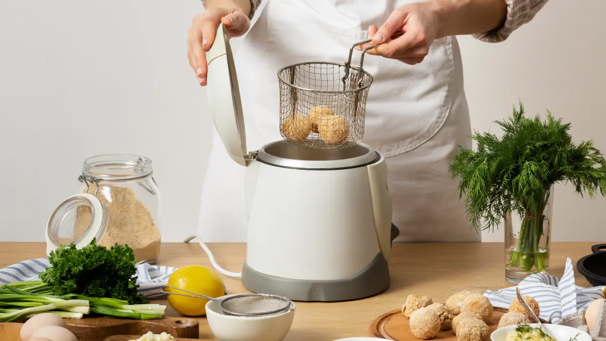  A person places food into a modern air fryer in a kitchen, preparing it for cooking.