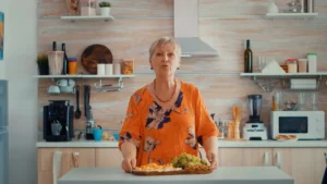 A mature woman in a sunlit kitchen holds a wooden tray with grapes, melon cubes, and walnuts while speaking
