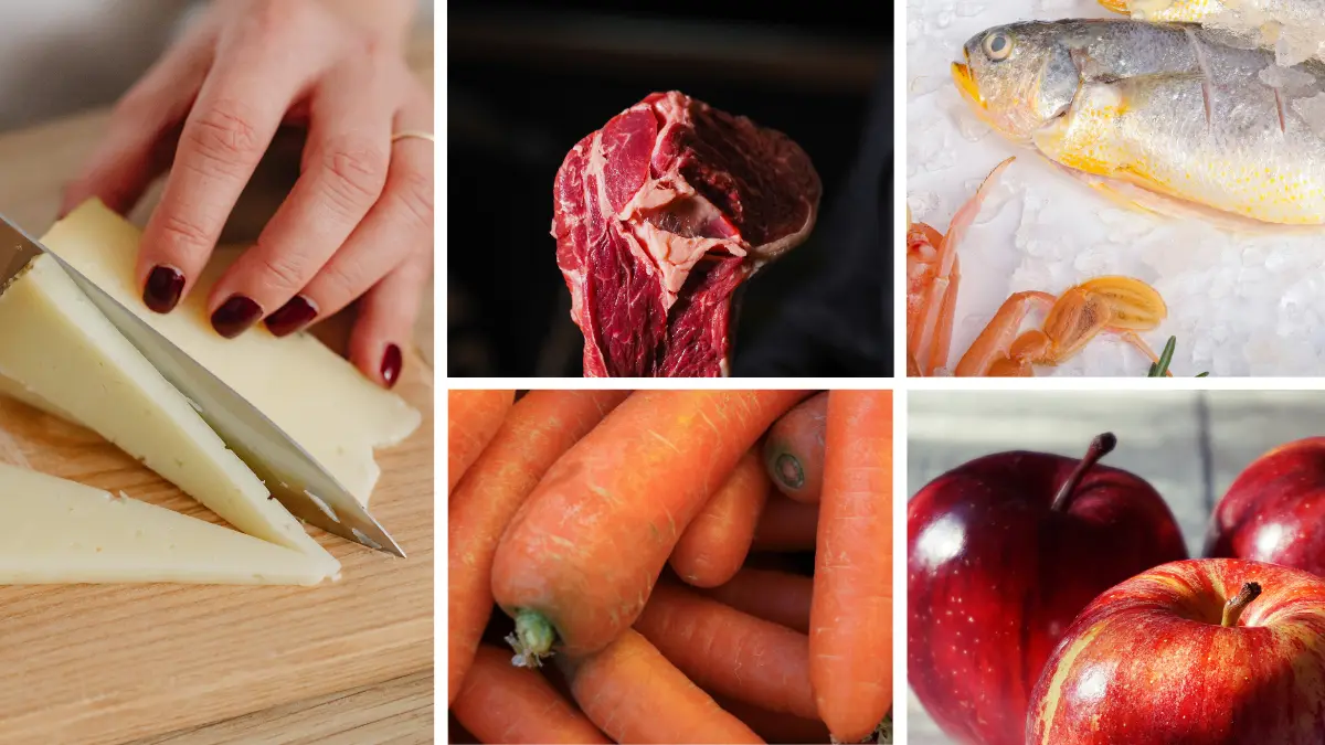 A collage shows apples, carrots, frozen fish, mozzarella cheese, and pieces of meat on separate boards.