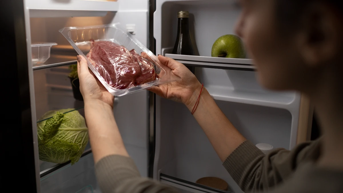 A person's hands place a sealed glass meal prep container into a well-organized freezer drawer