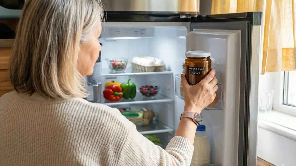 A woman stores ground seeds in an amber glass jar inside a refrigerator to maintain natural hormone regulation.