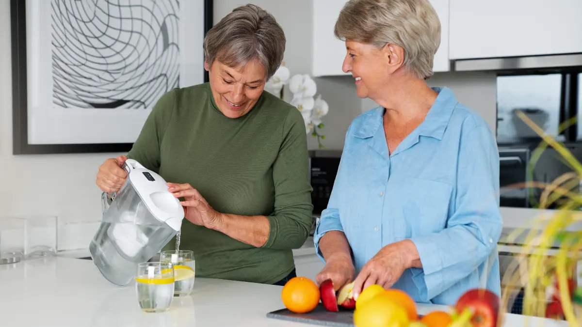 Two senior women in kitchen, one pours glass of water while other cuts fresh ingredients for smoothie, emphasizing daily hydration needs.