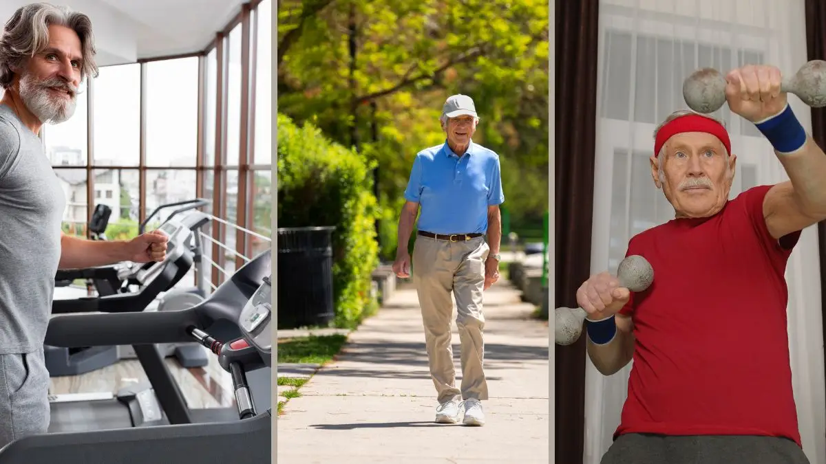 Three panel collage showing a mature man doing Zone 2 cardio, heavy lifting, and aerobic exercise for arterial health
