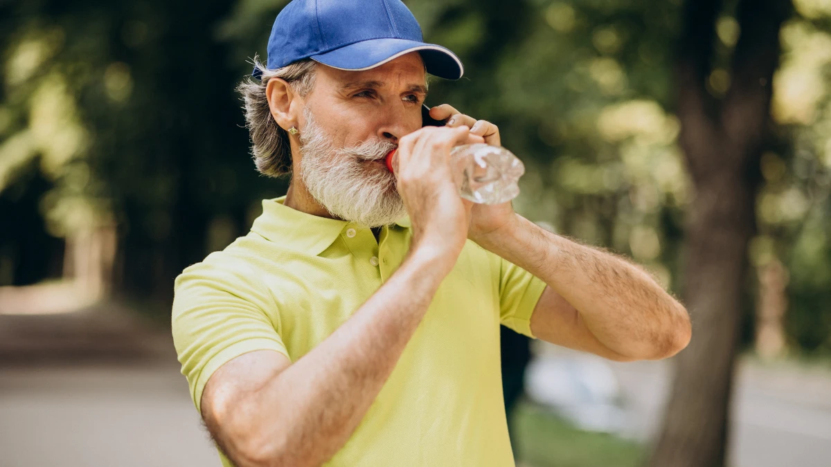 A fit man over 50 drinking from a water  illustrating the concept that water alone may not be enough for hydration as we age