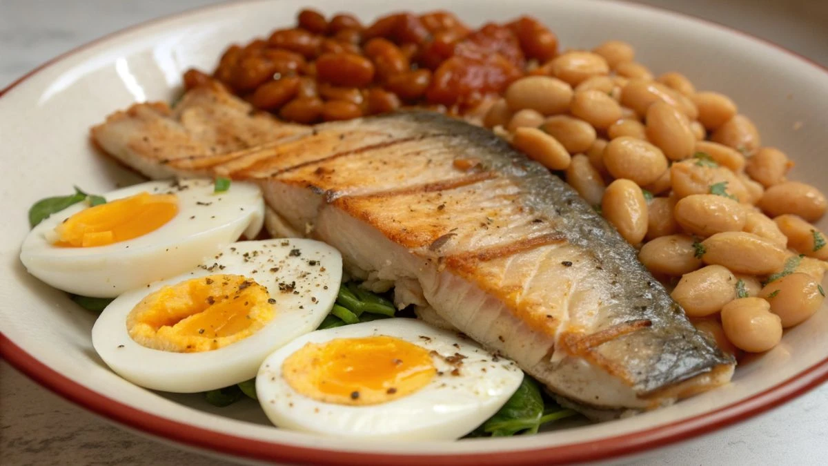 Balanced lunch plate with grilled chicken, boiled egg, and beans, providing protein for a stronger skeleton.
