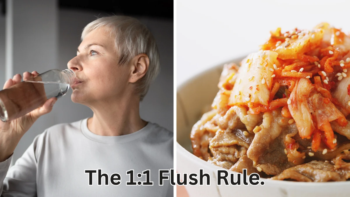 Split-screen graphic showing a woman drinking water and a bowl of kimchi to illustrate the 1:1 flush rule for sodium-induced bloating prevention