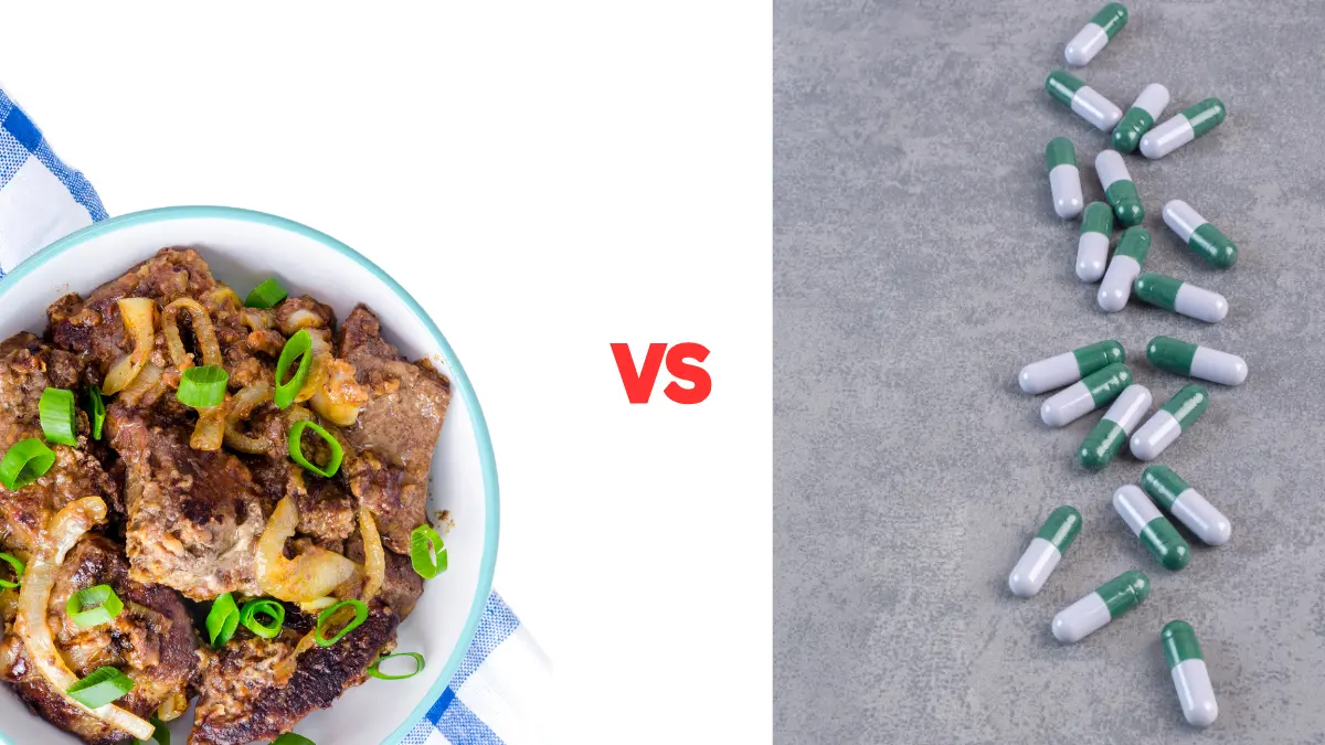 Bowl of cooked beef liver with onions vs green and white liver capsules supplement pills