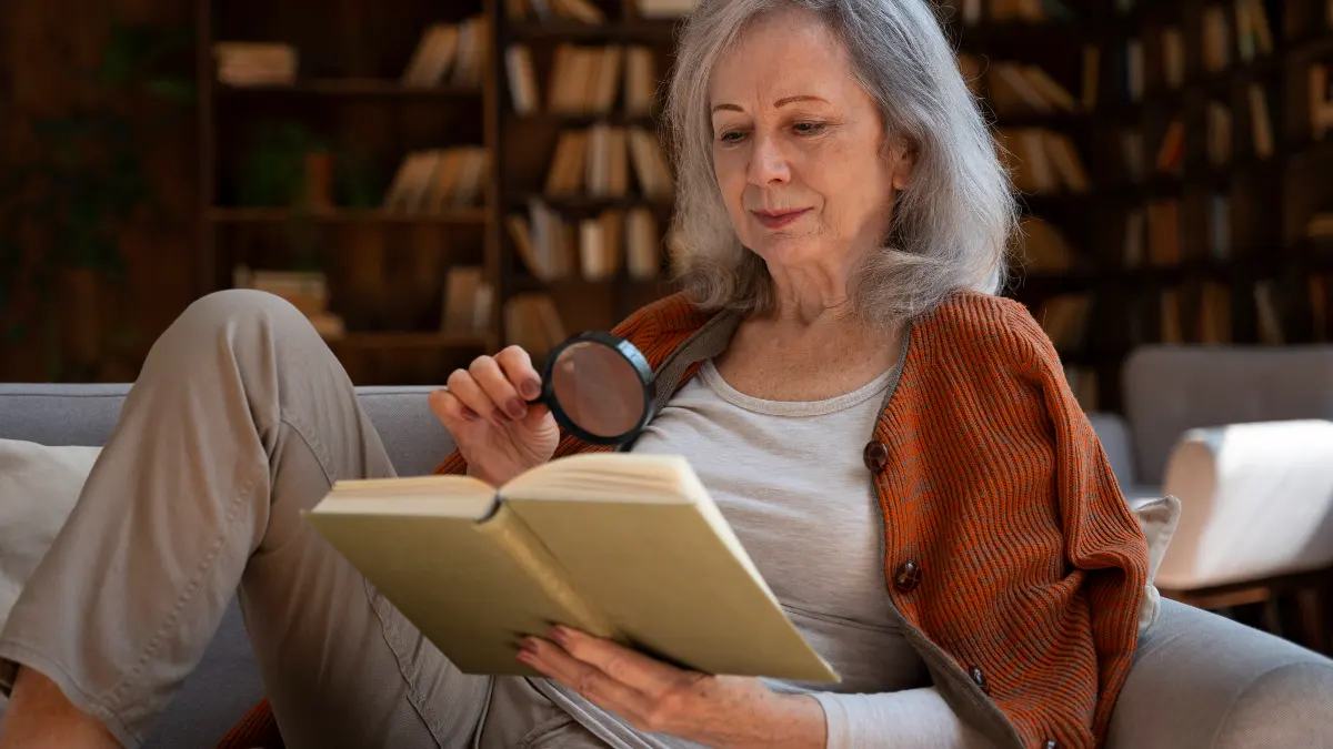 Older woman following sleep hygiene advice by doing boring task like reading a book when unable to sleep