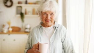A mature woman with healthy skin smiles while holding a mug in a sunlit kitchen, representing the benefits of collagen after 50.