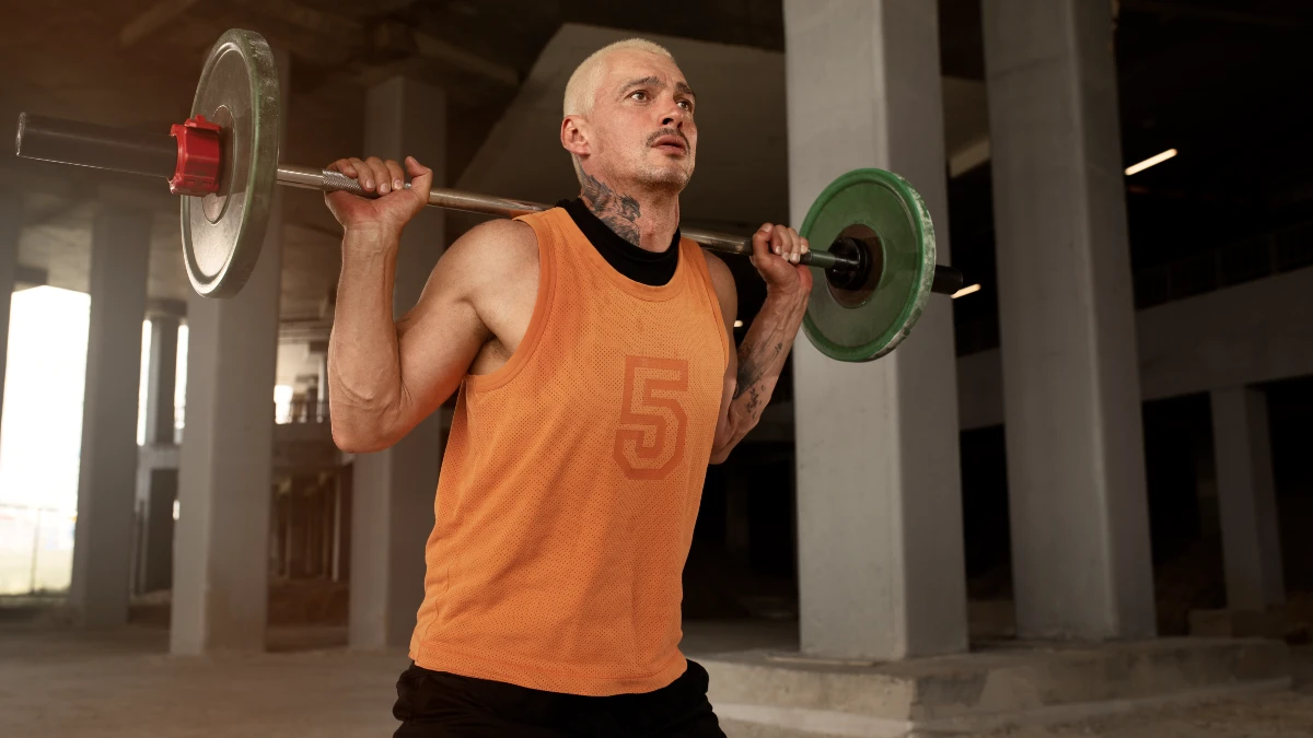 Man in his 50s lifting heavy weight easily due to improved grip strength and muscle efficiency