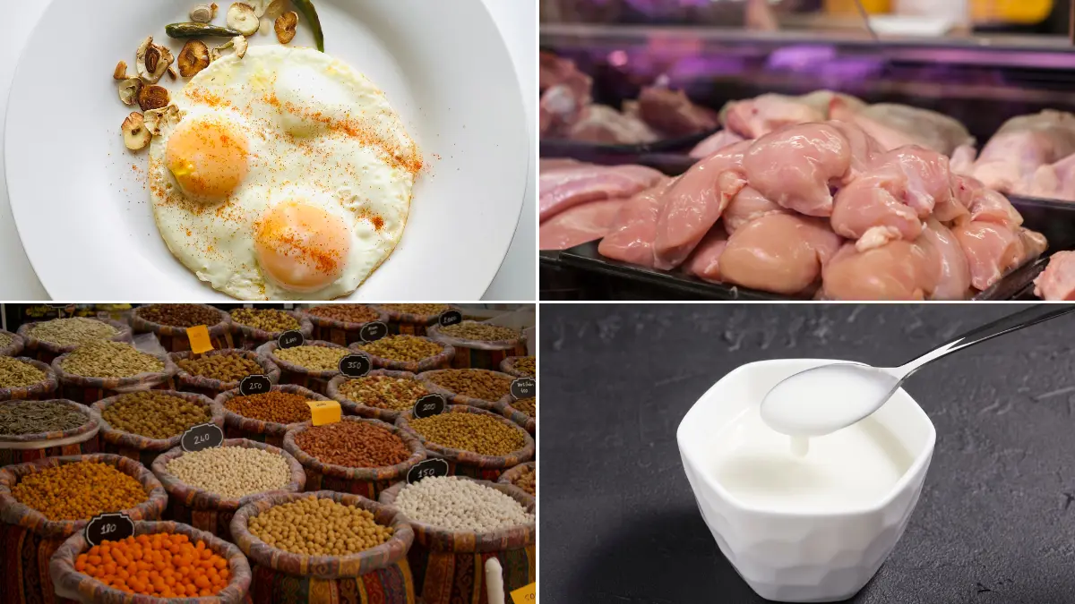 Protein-rich foods such as beans, eggs, lean meat, and Greek yogurt that support joint health and muscle strength