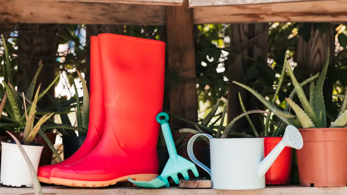 Candid close-up of sturdy waterproof leather garden boots providing ankle support on uneven garden soil