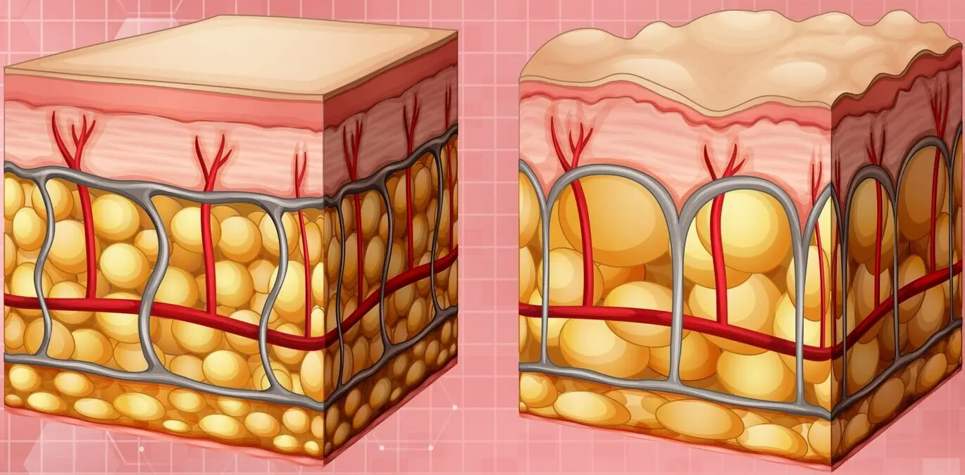 Diagram of skin layers and blood vessels showing collagen and elastin fibers essential for heart health.