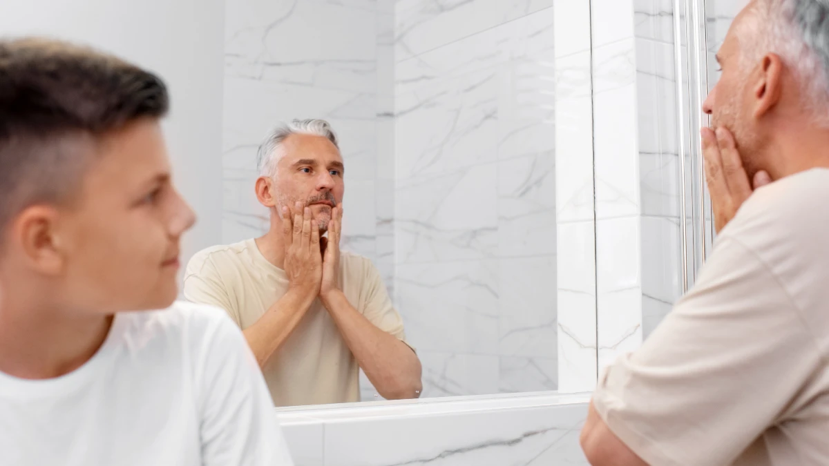 Mature man examining diagonal earlobe crease in bathroom mirror, checking for Frank's Sign heart health indicator.