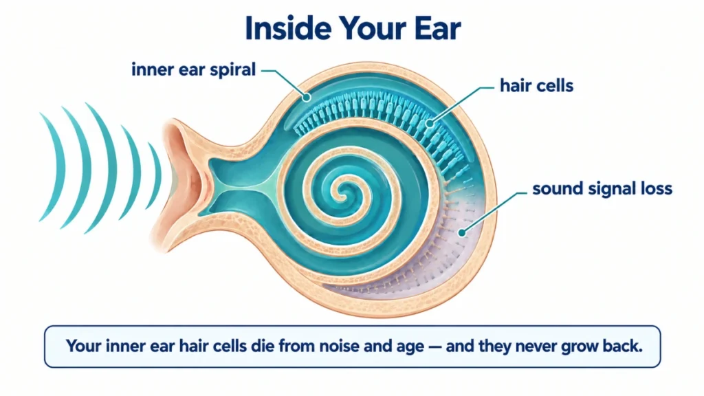 Medical illustration of inner ear hair cells showing how aging causes permanent sound signal loss.
