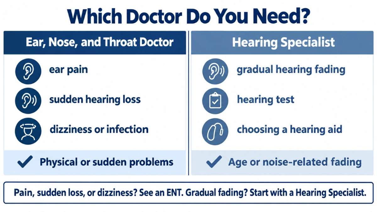 Side-by-side diagram comparing when to see an Ear Nose and Throat Doctor versus a Hearing Specialist for different hearing symptoms.