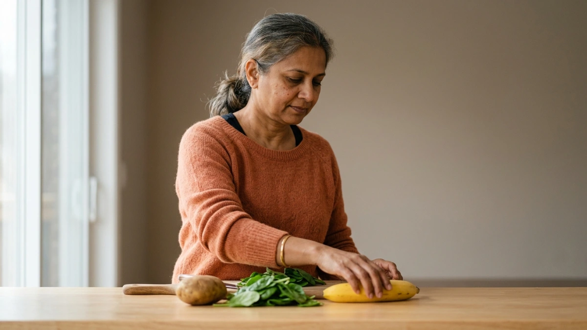 Woman in her 50s preparing potassium-rich foods including banana spinach and potato to support hearing health.