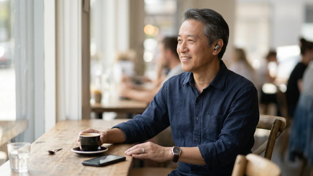Man in his 60s at a café wearing a nearly invisible hearing aid, relaxed and engaged in conversation.