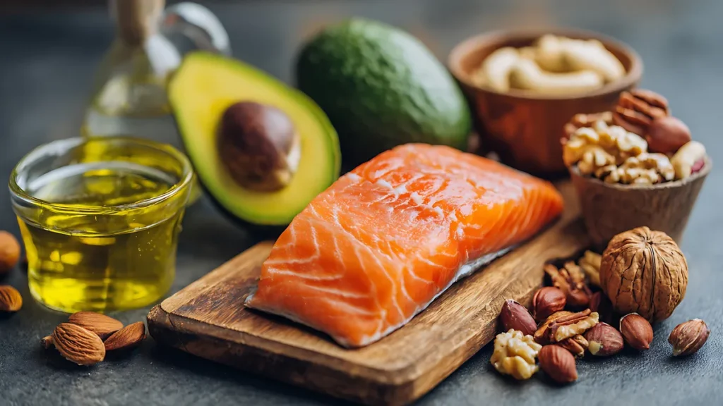Fresh salmon fillet on a wooden board surrounded by a whole avocado, healthy olive oil, whole walnuts, and mixed nuts.
