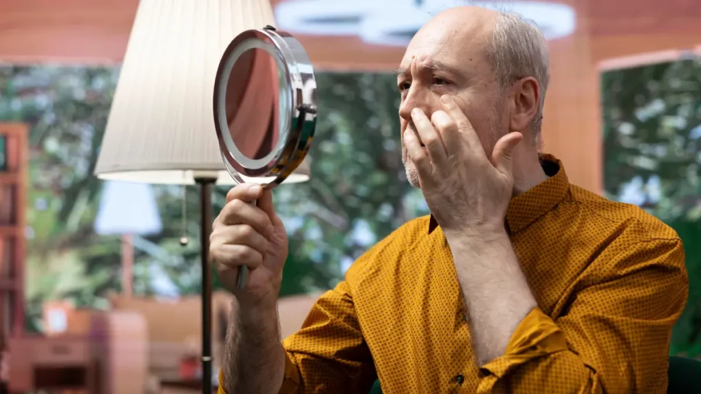 Man in his 60s checking for ocular rosacea caused by cortisol management issues and intestinal permeability.