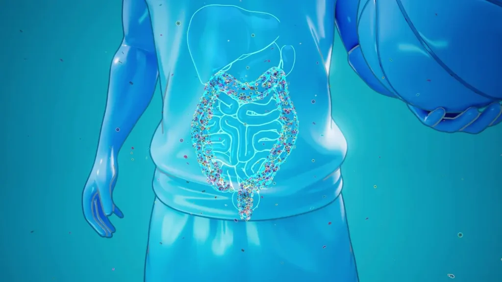A blue-toned 3D anatomical model of a man holding a basketball, with a glowing, colorful representation of the gut microbiome and intestinal tract.
