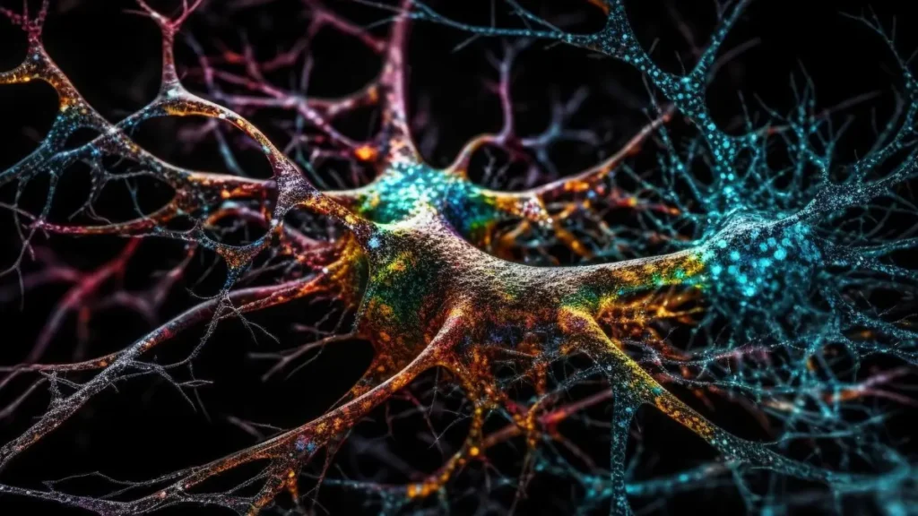 Intricate neural pathway diagram with amber-colored metabolic waste buildup illustrating the obstruction of ATP cellular energy flow.