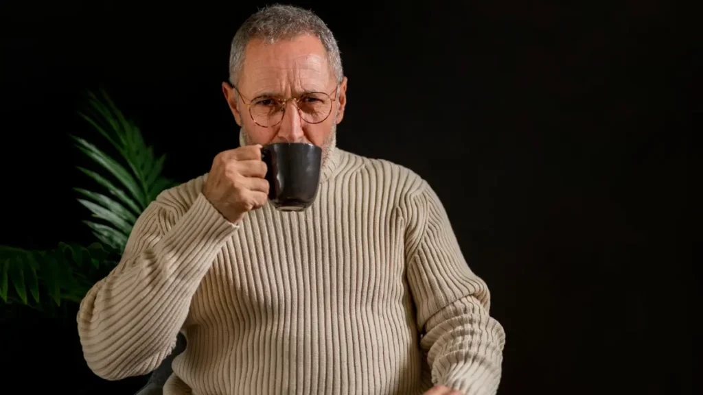 Mature man wearing a sweater to manage thyroid-related cold intolerance and low basal metabolic rate.
