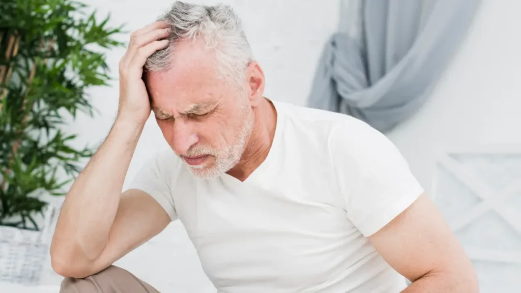 Mature man rubbing his temples to relieve morning pressure and support cortisol management for better cognitive clarity.