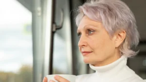 Mature woman holding a steaming mug in morning light to manage brain fog after 50.