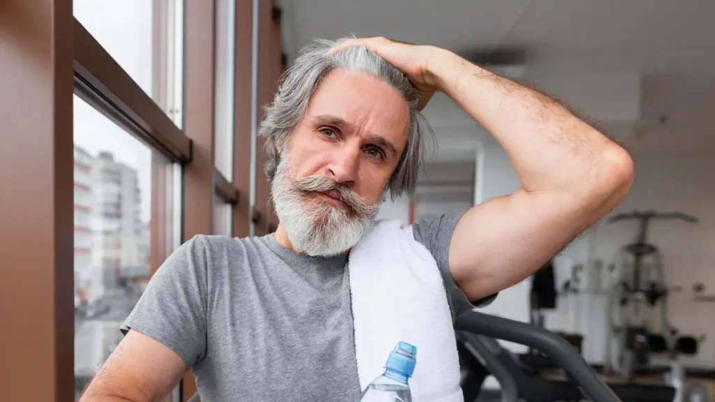 Mature man resting in a gym to support muscle recovery and manage metabolic heat production after exercise.