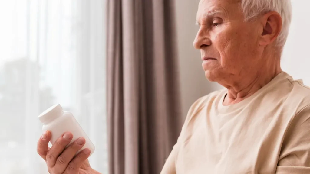 Mature man reviewing prescription bottle labels to identify medications that trigger B12 absorption gaps.