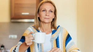 Mature woman thoughtfully holding a warm coffee mug while managing metabolic heat production during her morning routine.