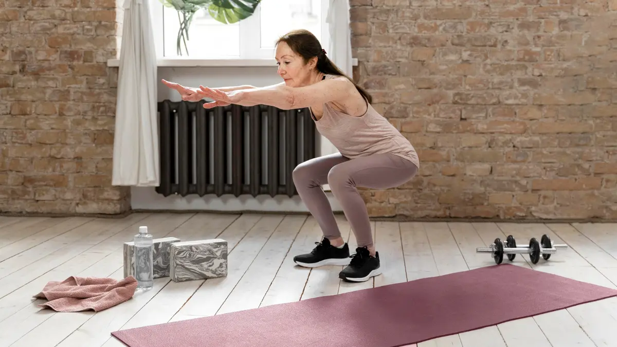 Mature woman performs a controlled bodyweight squat with arms extended forward to improve lower body strength and maintain mobility.