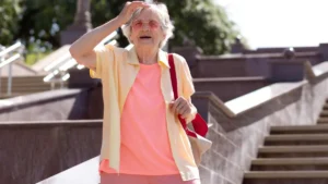 Active senior woman navigating outdoor stairs to improve knee joint trust after 50.