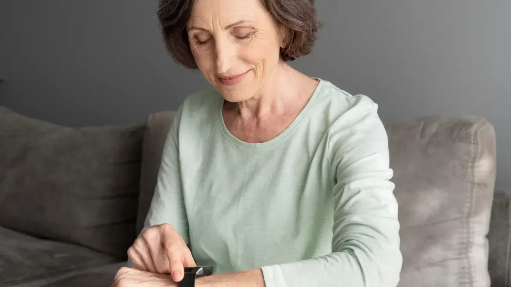 Mature woman checking sleep data on a smartwatch to support circadian rhythm alignment.