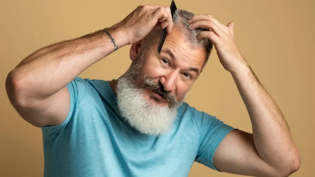 Mature man with a grey beard using a comb to inspect hair thinning at the crown due to a sluggish immune response.