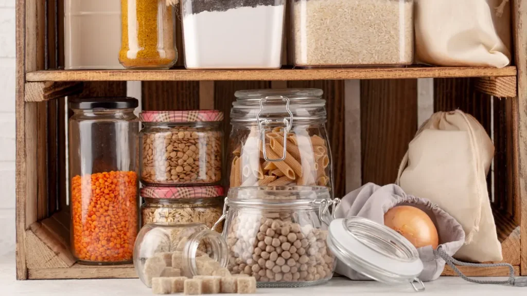 A wooden shelf organized with glass jars of pasta, lentils, and rice alongside cloth bags of onions for a reliable pantry system.