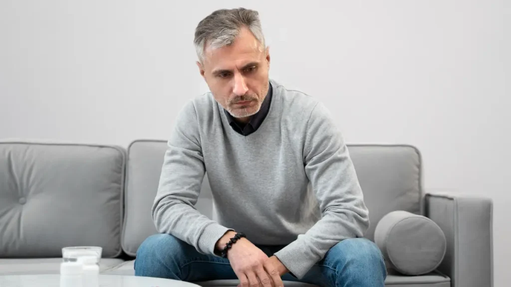 Mature man sitting on a couch to manage cortisol management and post-meal bloating.