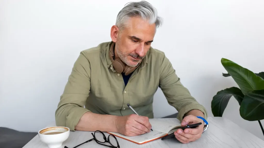 Person writing a checklist of blood tests in a journal to prepare for a nutrient panel consultation.