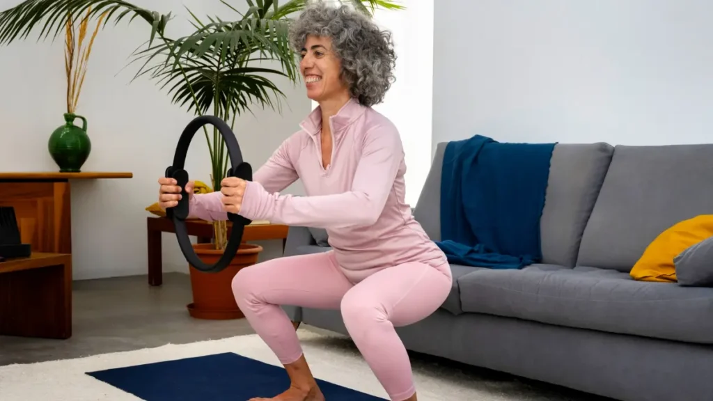 Mature woman using a counter-balance to perform a slow seated descent, strengthening the knee's eccentric brakes.
