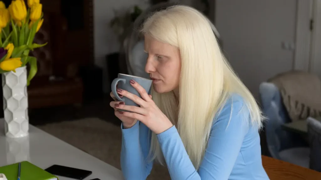 Mature woman tasting coffee to assess how hormonal changes influence her basal metabolic rate and sweetness threshold.