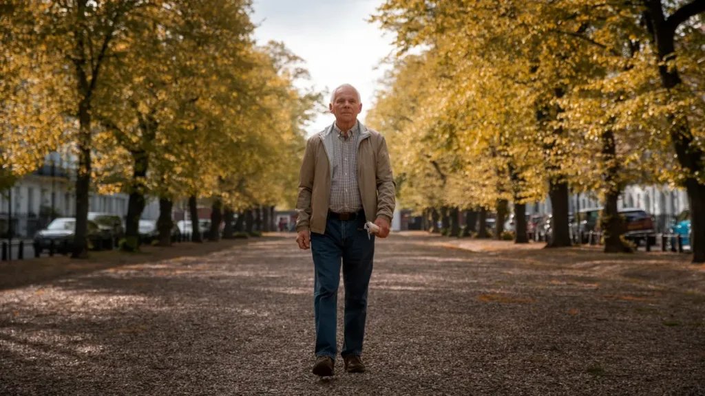 Senior man walking during the afternoon golden hour to anchor his circadian rhythm and stabilize 3 AM cortisol levels.