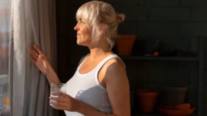 Mature woman holding a glass of water by a sunlit window to support her recovery reset after 50.