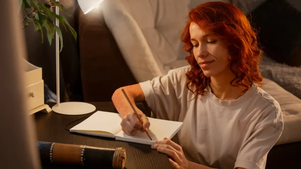 Mature woman journaling under warm lamp light as part of a nightly darkness audit to support sleep.