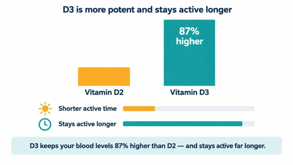 Bar chart comparing vitamin D3 vs D2 potency, demonstrating D3 maintains blood levels 87% higher, with timeline bars indicating longer active time in the body.