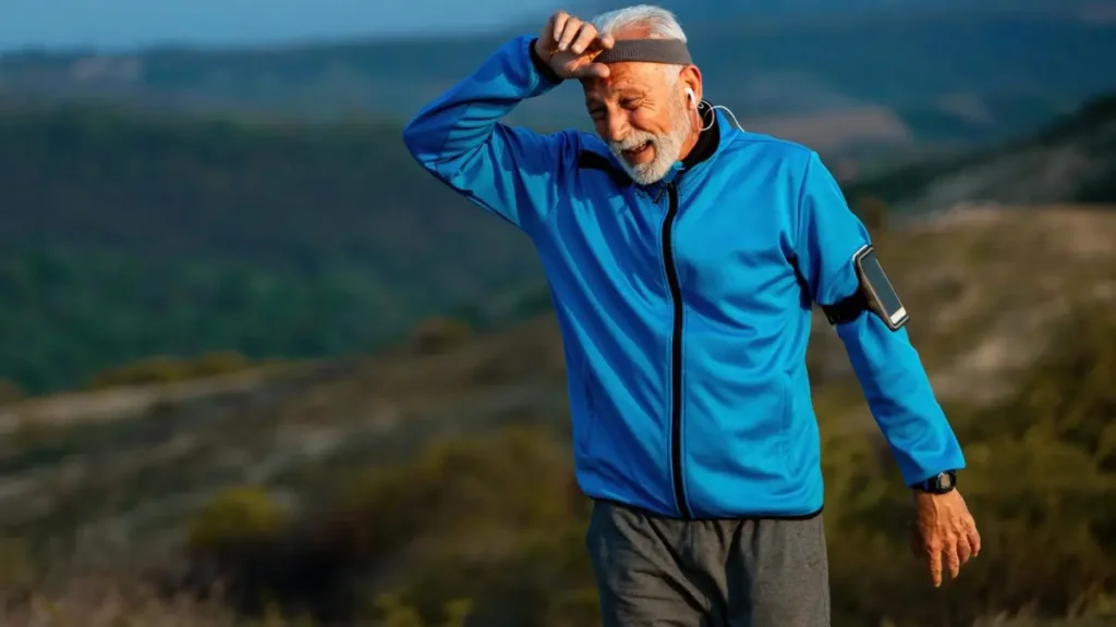 Mature male runner pausing during a workout to manage cortisol management and fatigue.
