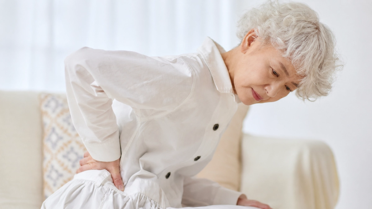 Woman in her 50s pressing hand to hip at dawn, experiencing bone aches linked to vitamin D3 vs D2 absorption.