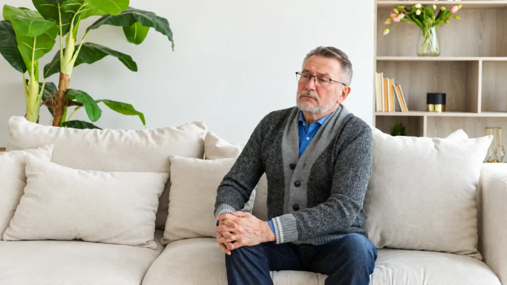 Man in his 60s sitting quietly at home with a weary expression, experiencing the dull bone ache of vitamin D deficiency.