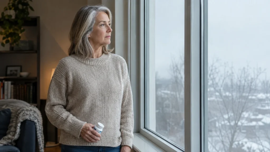 Woman in her 60s holding a vitamin D supplement near a winter window, maintaining bone health during low-sunlight months.