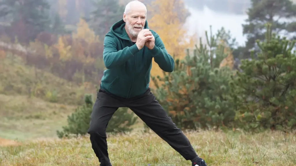Mature man exercising after a meal to support ATP cellular energy and stabilize his metabolic response.